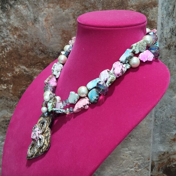 Double Strand Necklace Bracelet Set Double Mixed Pink Turquoise Stone Beads Cros - Picture 15 of 15